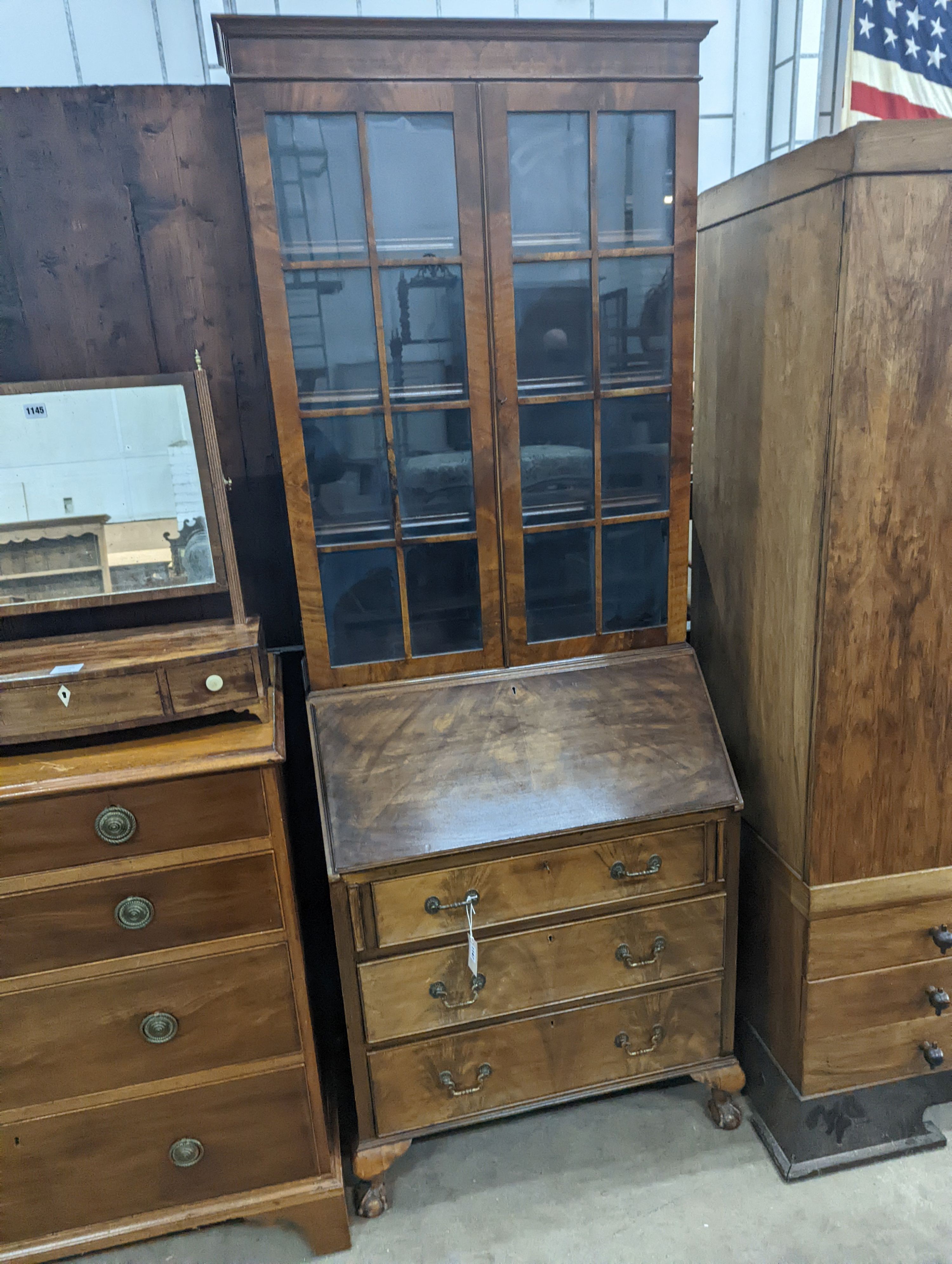 An early 20th century walnut bureau bookcase, width 77cm, depth 45cm, height 205cm